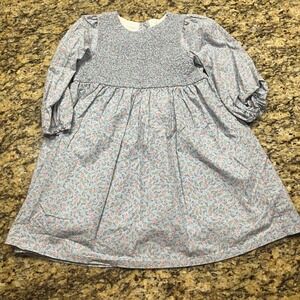 Smockingbird‎ Girls Blue Floral Smocked Long Sleeve Dress Size 6 Cotton Lined